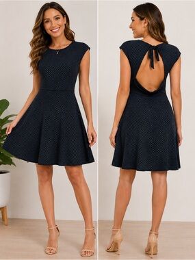 GAP Women’s 4 Petite Black Polka Dot Fit & Flare Open Back Bow Dress